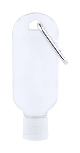 Διαφημιστικό Τζελ καθαρισμού χεριών σε διάφανη φιάλη με καπάκι ασφαλείας και μεταλλικό καραμπίνερ, 30 ml. Με περιεκτικότητα σε αλκοόλ 65%.